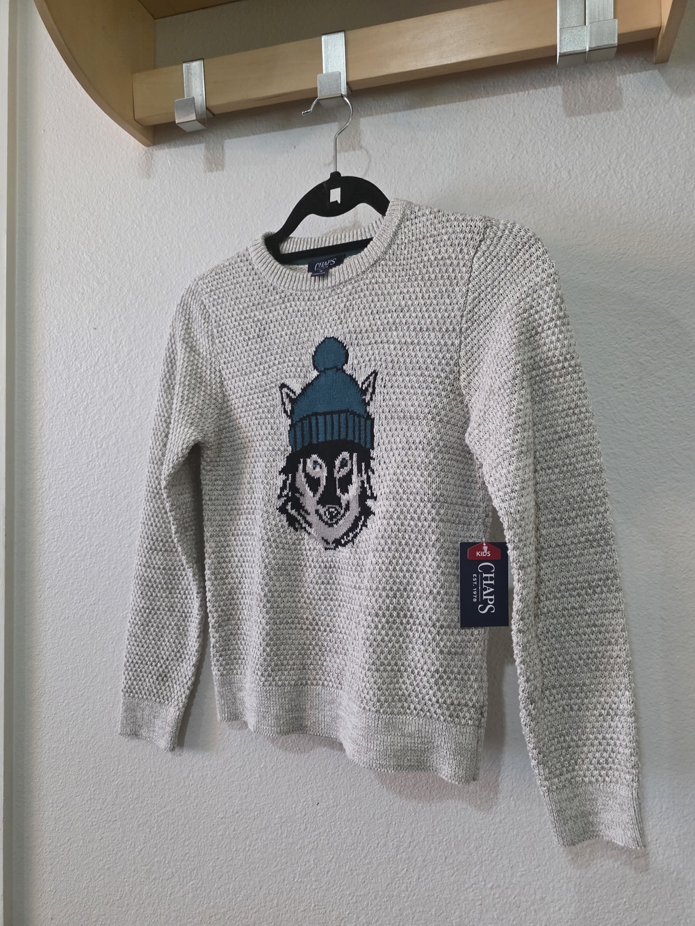 Chaps Kid's Cream Knit Sweater with Blue Graphic Wolf